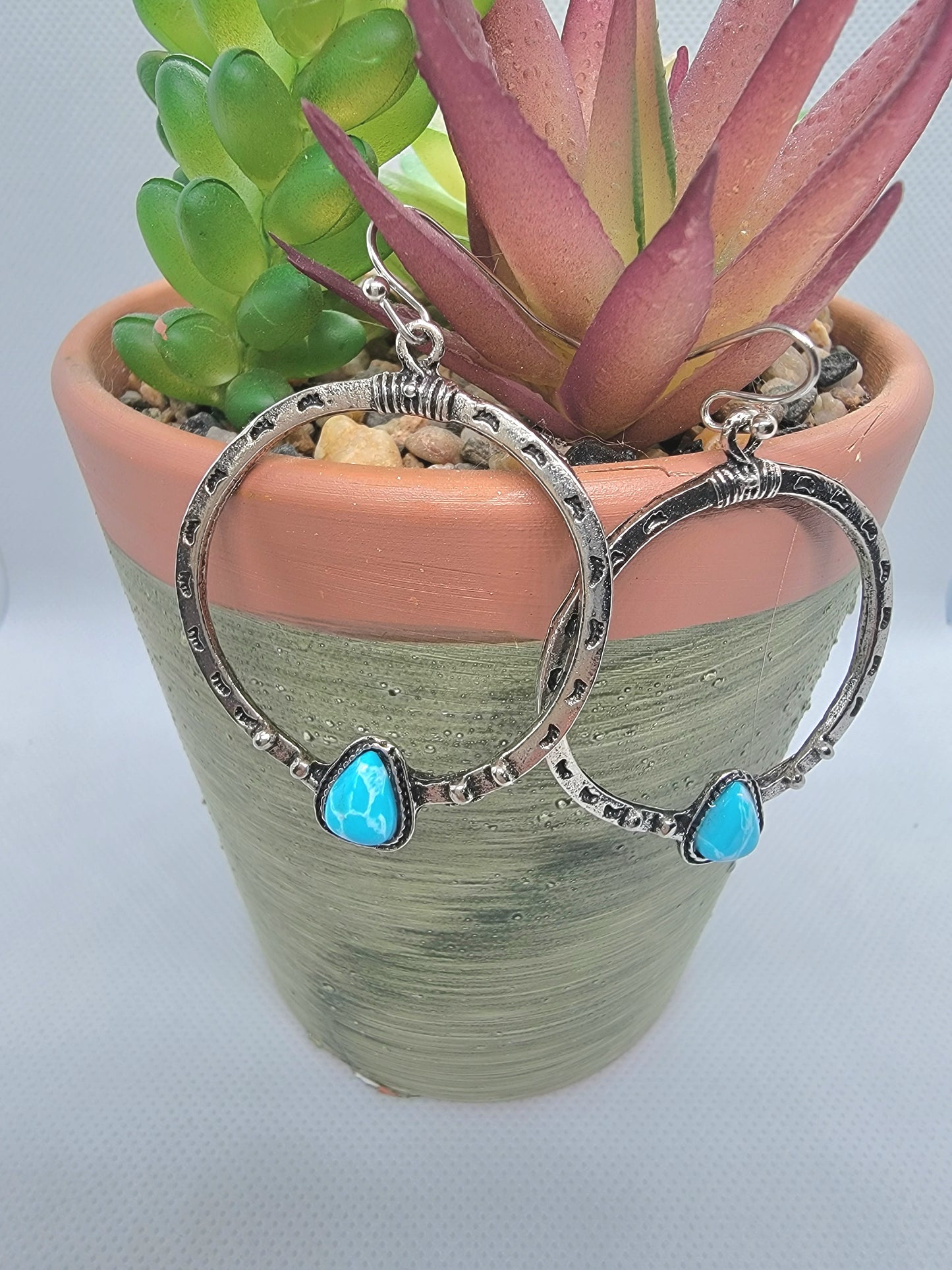 Silver Stamped Turquoise Hooped Earrings
