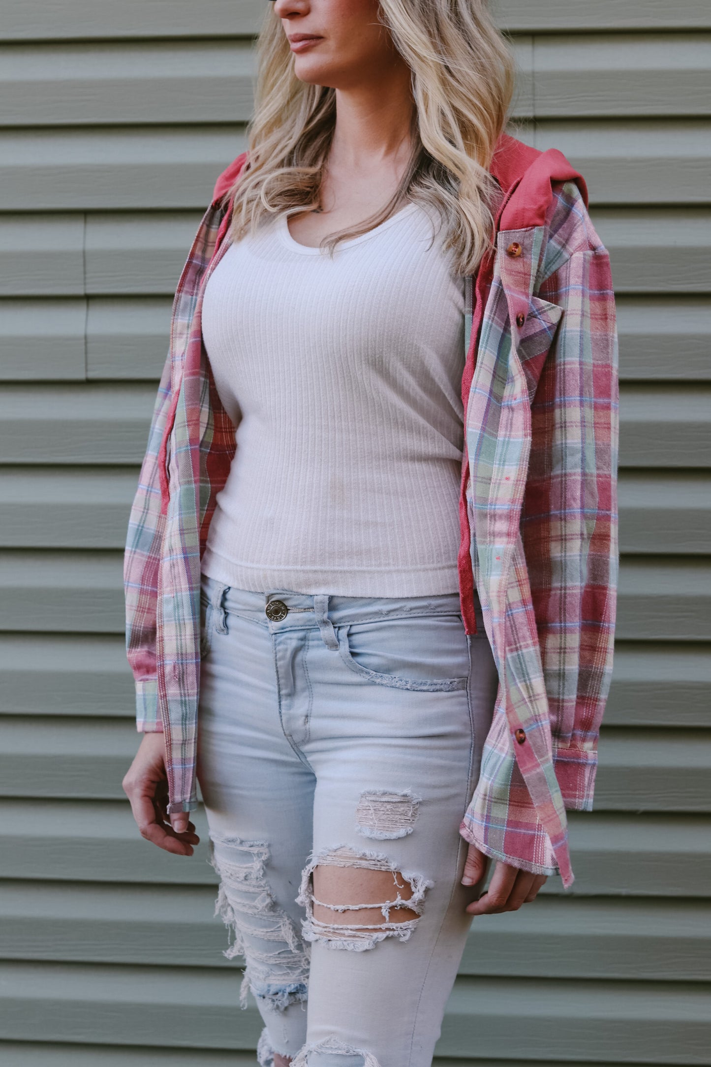 Little Red Plaid Button Flannel Hoodie