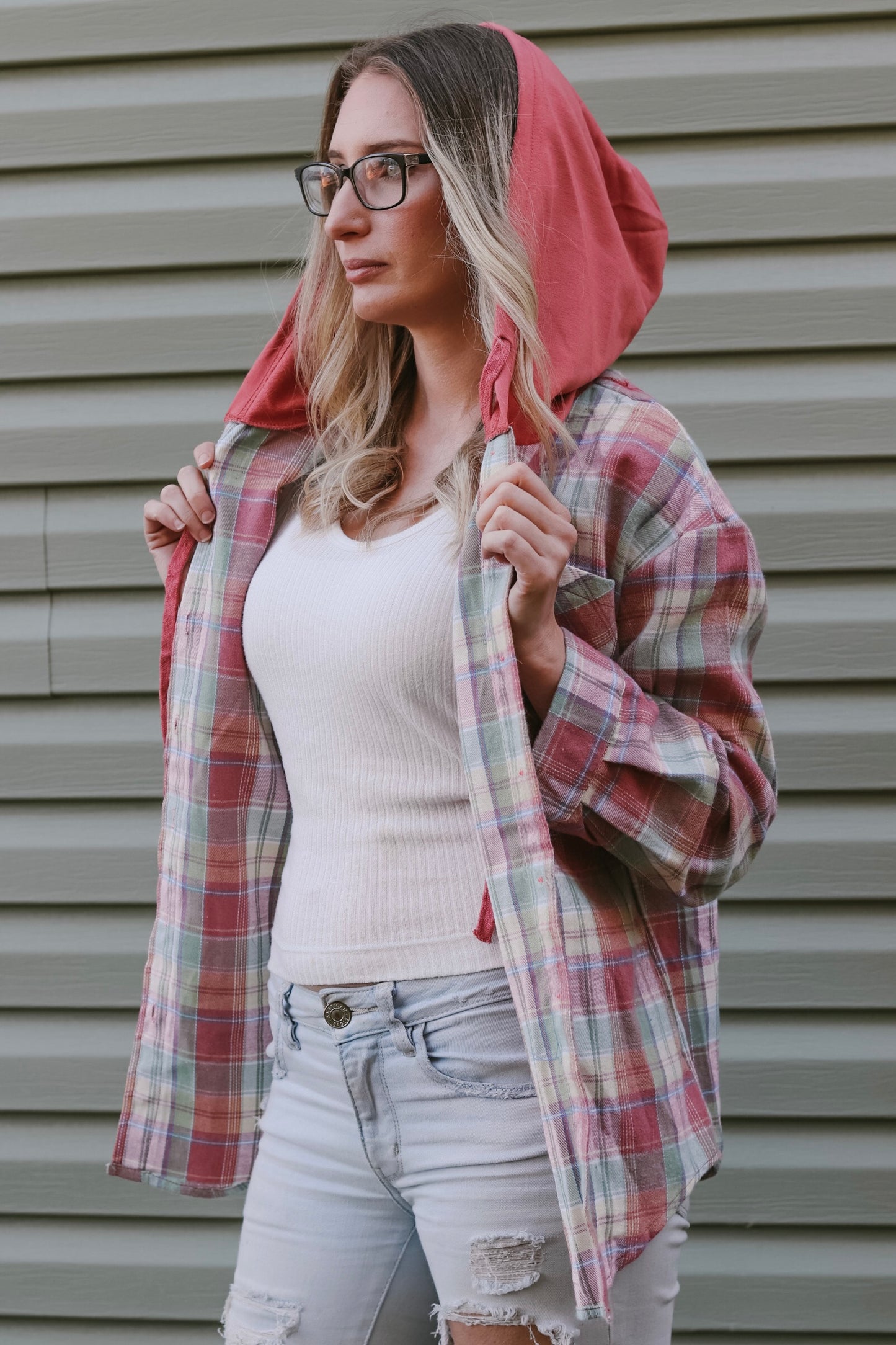 Little Red Plaid Button Flannel Hoodie