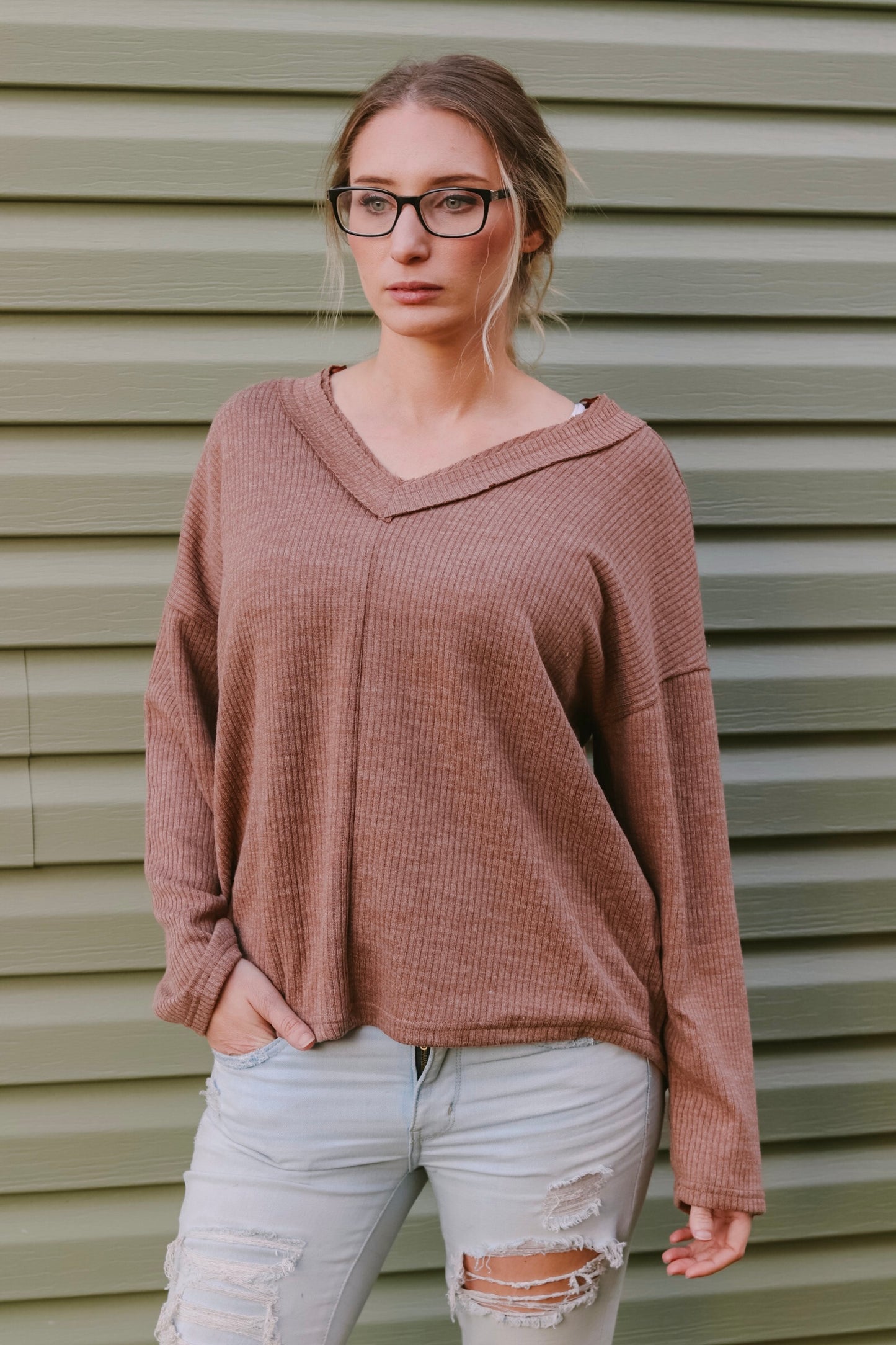 "Take Me Out or Let's Stay In" V-Neck Drop Shoulder Sweater