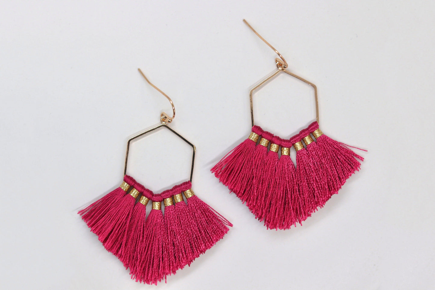 Hexagonal Fuchsia Tassel Earrings
