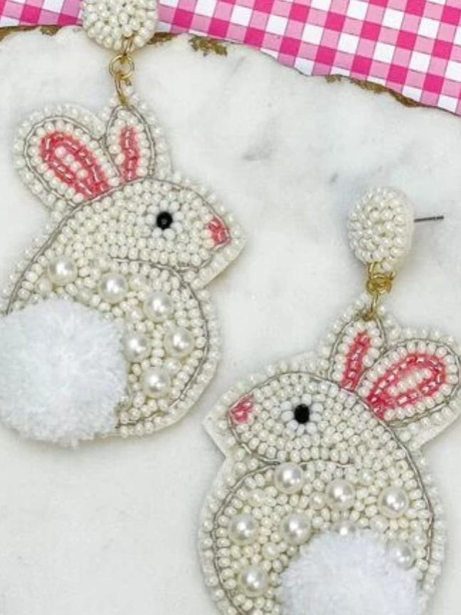 Pearl Bunny Beaded PomPom Earrings