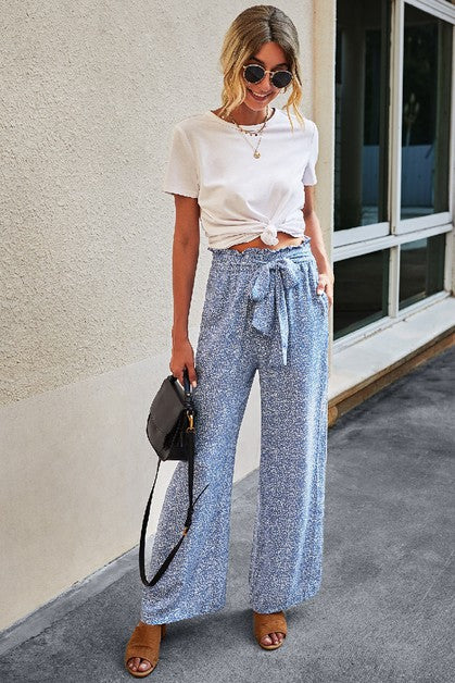 Blue Print Wide Leg Drawstring Pants