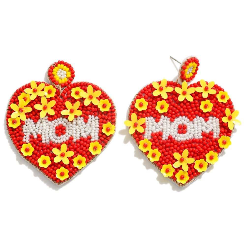 Red Beaded Mom Heart Earrings