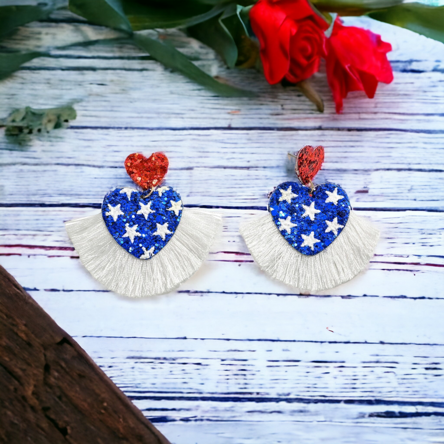 Red White & Blue Glitter Heart Earrings-white tassel