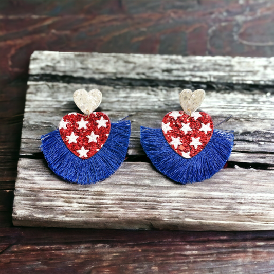 Red White & Blue Heart Earrings-Blue Tassel