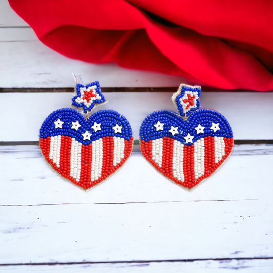 Beaded Red White & Blue Heart Earrings