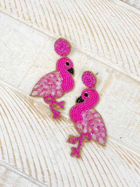 Fuschia Flamingo Beaded Dangle Earrings