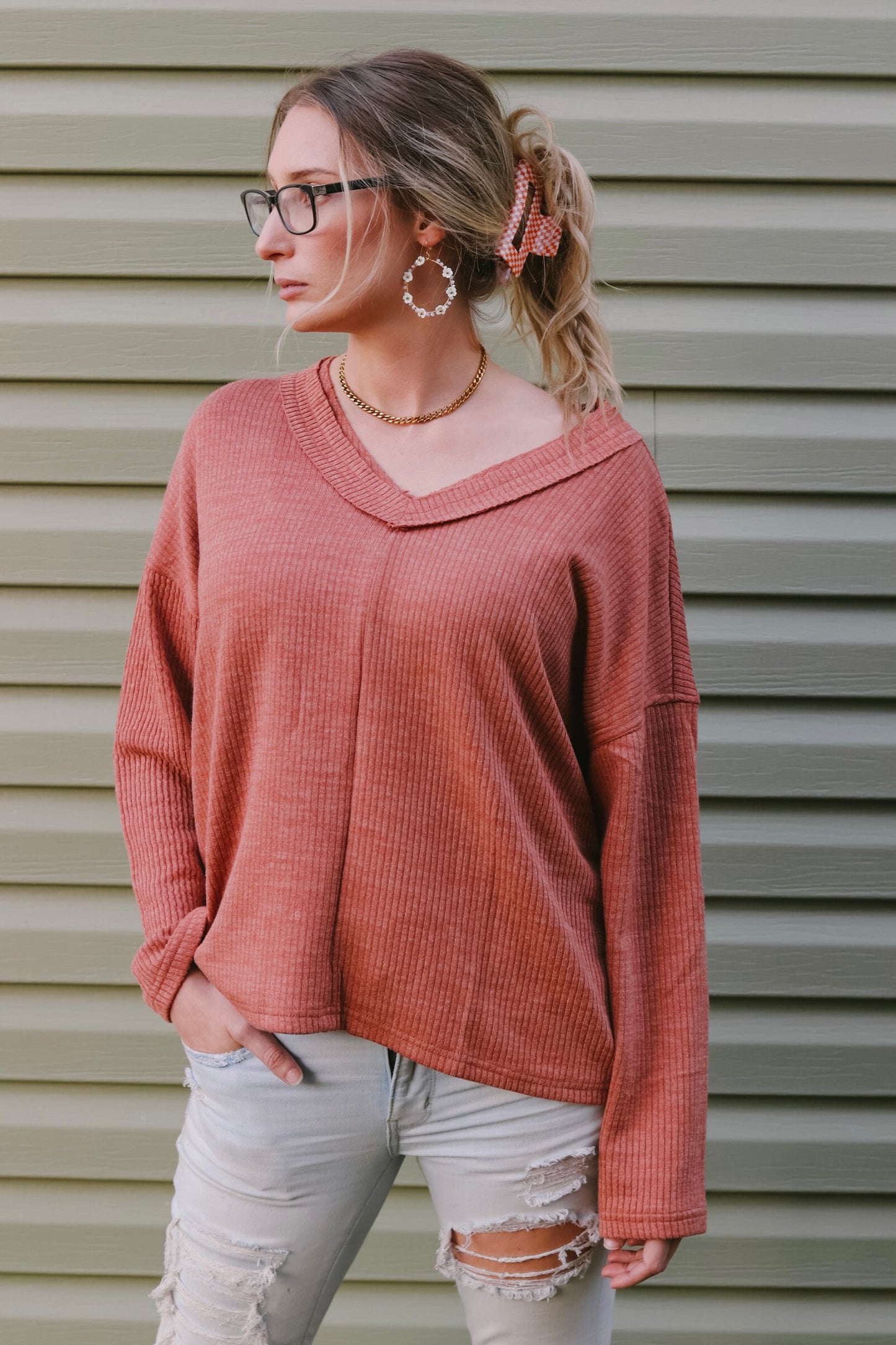 "Take Me Out or Let's Stay In" V-Neck Drop Shoulder Sweater