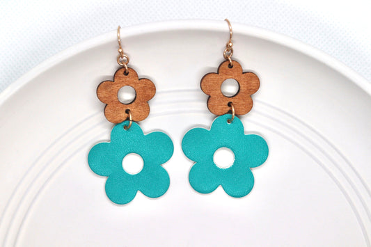 "Wild For You" Wood and Leather Flower Earrings-Turquoise