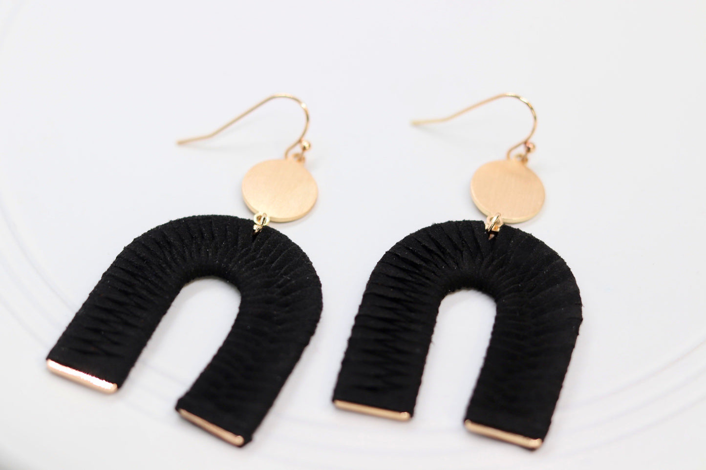 "Giddy" Gold Tone Leather Wrapped Arch Drop Earrings