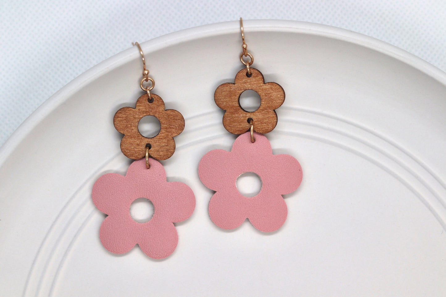 "Wild For You" Wood and Leather Flower Drop Earrings-blush